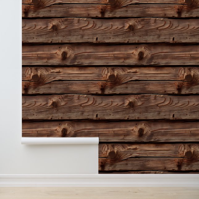 Rustic Brown Weathered Faux Wood Pattern Wallpaper (Application)