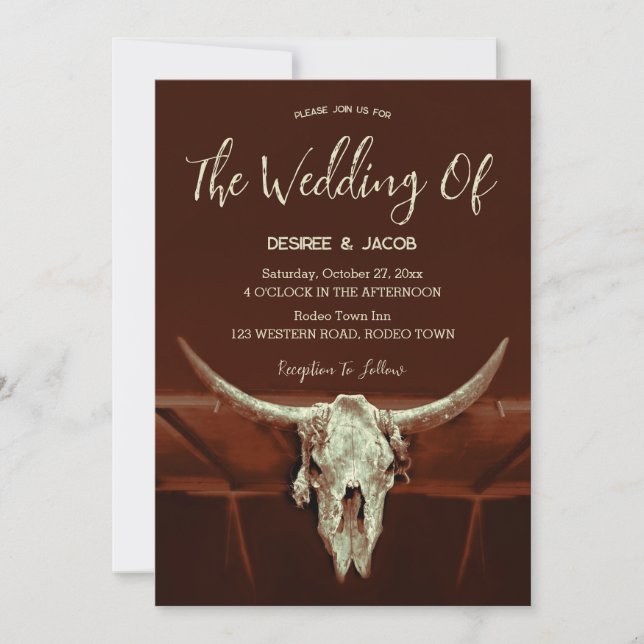 Rustic Brown Western Country Bull Skull Invitation (Front)