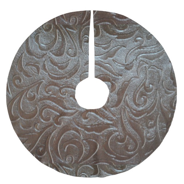 Rustic brown western country leather pattern brushed polyester tree skirt (Front)