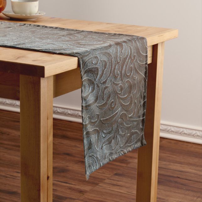 Rustic brown western country leather pattern short table runner (In Situ)