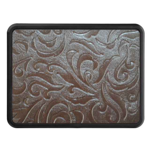 Rustic brown western country leather pattern trailer hitch cover (Front)