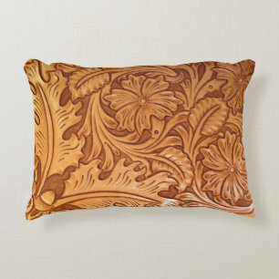 Rustic brown western country tooled leather decorative pillow