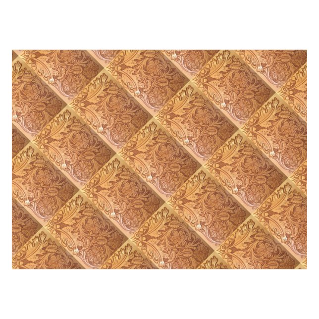Rustic brown western country tooled leather tablecloth (Front (Horizontal))