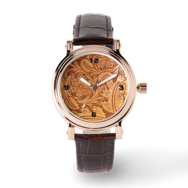 Rustic brown western country tooled leather watch (Front)