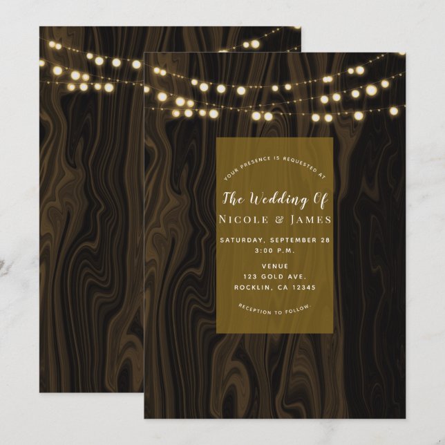 Rustic Brown Whimsical Wood String Lights Wedding Invitation (Front/Back)