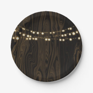 Rustic Brown Whimsical Wood String Lights Wedding Paper Plate