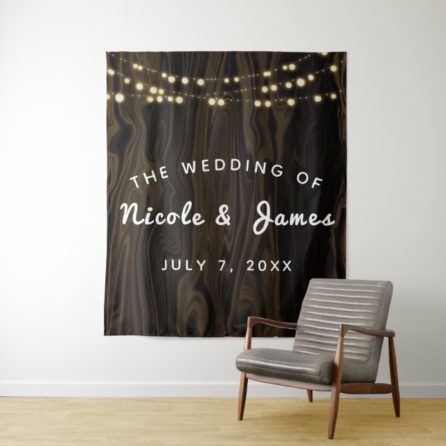 Rustic Brown Whimsical Wood String Lights Wedding Tapestry (In Situ)