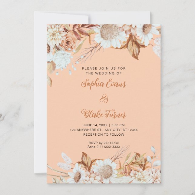 Rustic Brown White Flowers Boho Orange Wedding Invitation (Front)