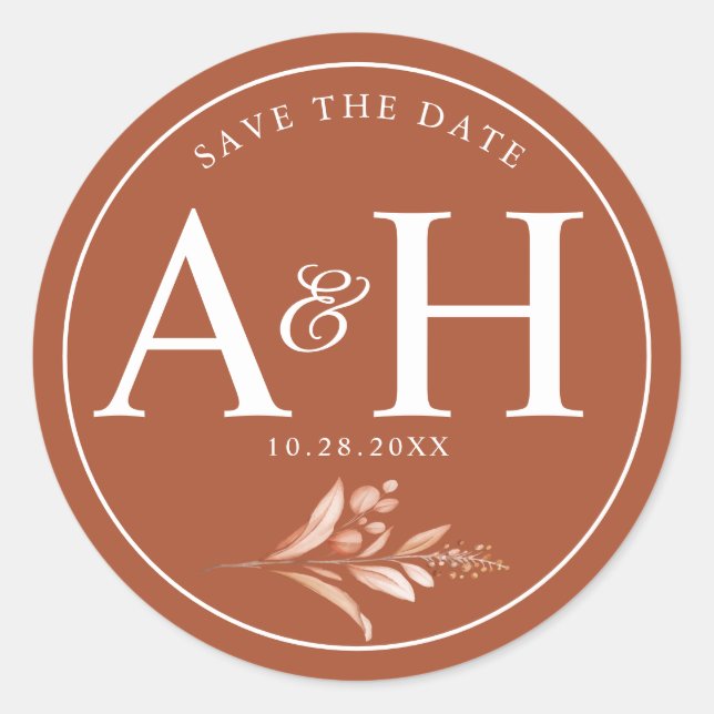Rustic Brown White Monogram Save the Date Wedding  Classic Round Sticker (Front)