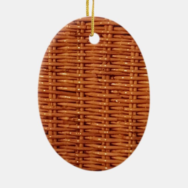 Rustic Brown Wicker Picnic Basket Country Style Ceramic Ornament (Back)