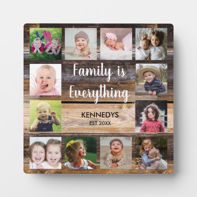 Rustic Brown Wood 12 Photo Collage Family   Plaque (Front)