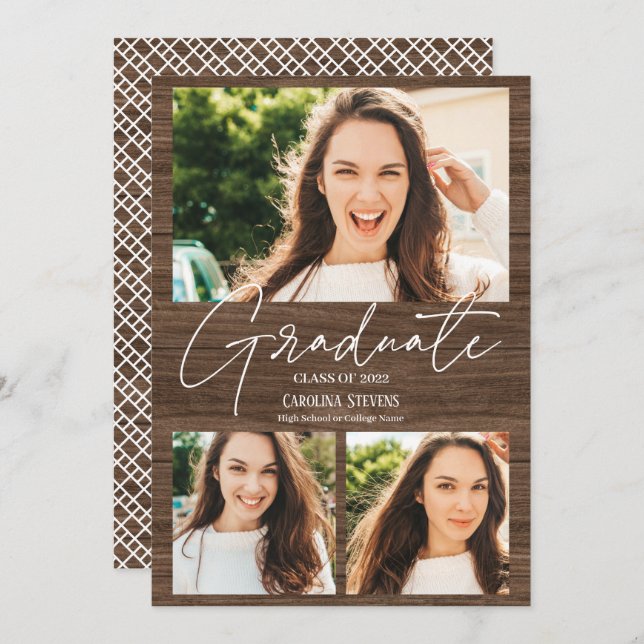 Rustic brown wood 3 photos collage graduation announcement (Front/Back)