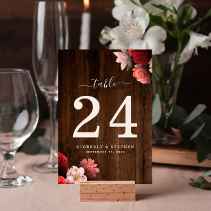 Rustic Brown Wood Boho Coral Floral Table Number