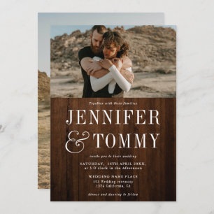 Rustic brown wood bold fall photo wedding invitation