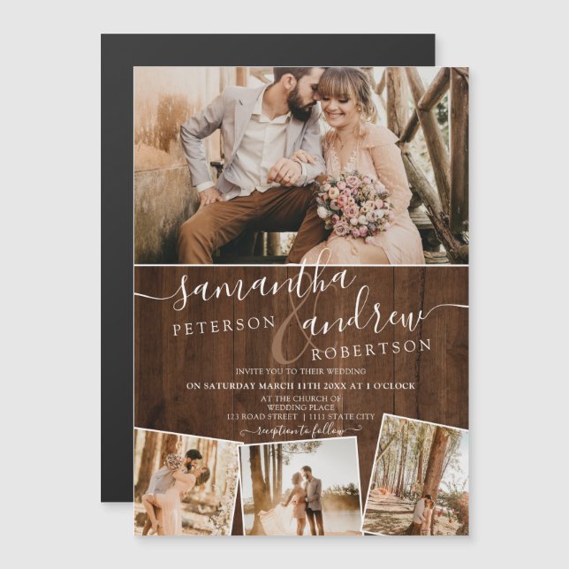 Rustic brown wood chic script 4 photos wedding  magnetic invitation (Front/Back)
