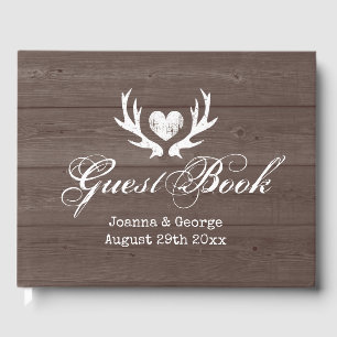 Rustic brown wood country chic deer antler wedding guest book