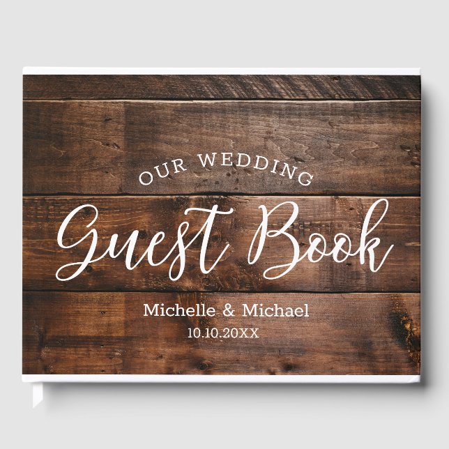 Rustic Brown Wood Couple Photo Wedding Guest Book (Front)