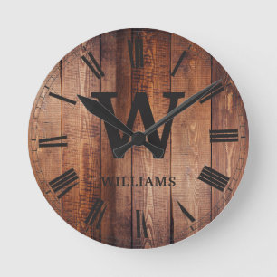 Rustic Brown Wood Custom Family Initial Farmhouse Round Clock