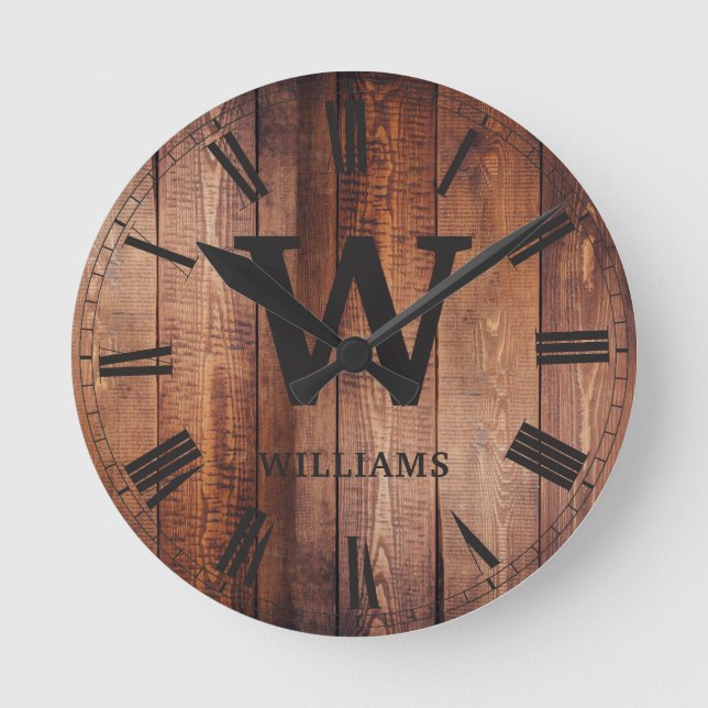 Rustic Brown Wood Custom Family Initial Farmhouse Round Clock (Front)
