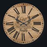 Rustic Brown Wood Custom Family Name Farmhouse  Large Clock<br><div class="desc">Rustic Brown Wood Custom Family Name Farmhouse Large Clock - Rustic style farmhouse clock features your monogram surrounded by a laurel wreath and is personalized with your family name. "Family" is in pretty script typography. What a lovely farmhouse touch for any room. Our high quality clock template makes it simple...</div>