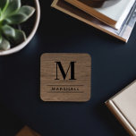 Rustic Brown Wood Custom Monogram Initial Coaster<br><div class="desc">This simply elegant custom monogrammed beverage coaster set features classic black monogram text that can be personalized with a last name initial and last name. A beautiful keepsake gift for a newlywed couple, family, or new homeowners. A medium brown faux wood grain background adds a rustic textured look to the...</div>