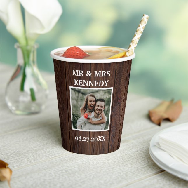 Rustic Brown Wood Custom Photo MR & MRS Wedding  Paper Cups (Insitu)