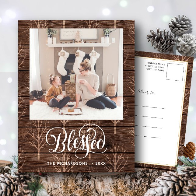 Rustic Brown Wood Elegant Script BLESSED Minimal Postcard (Creator Uploaded)