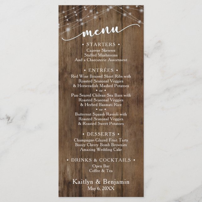 Rustic Brown Wood Fairy Lights, Elegant Typography Menu (Front)
