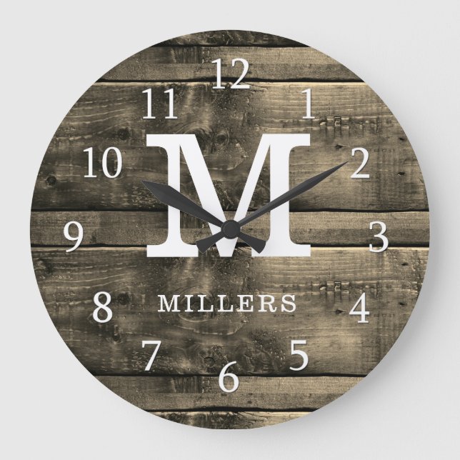 Rustic Brown Wood Family Name Monogrammed Large Clock (Front)