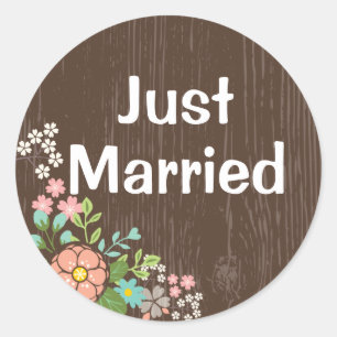 Rustic Brown Wood Just Married Pink Floral Wedding Classic Round Sticker