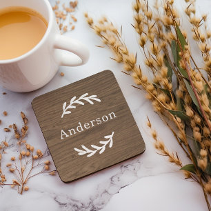 Rustic Brown Wood Laurel Monogram Name Coaster