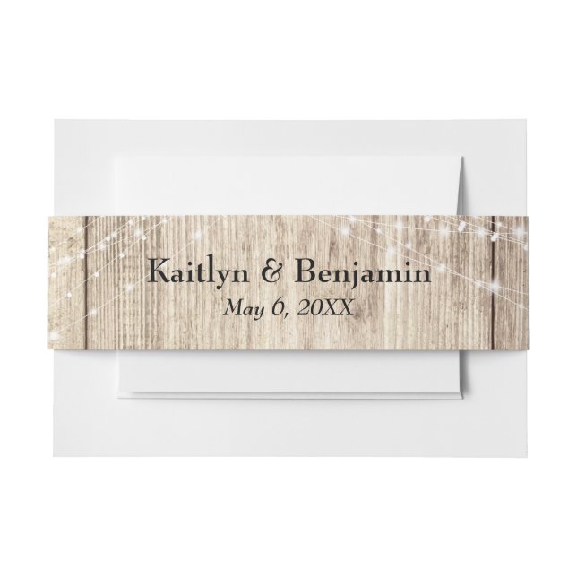 Rustic Brown Wood & Light Strings Personalized Invitation Belly Band (Front Example)
