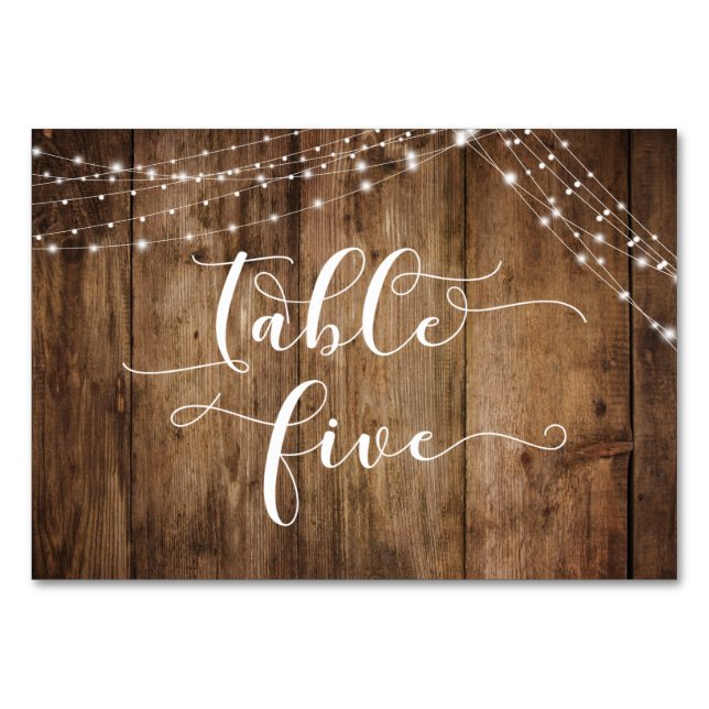 Rustic Brown Wood & Light Strings Table Five Card (Front)