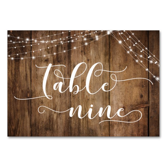 Rustic Brown Wood & Light Strings Table Nine Card (Back)