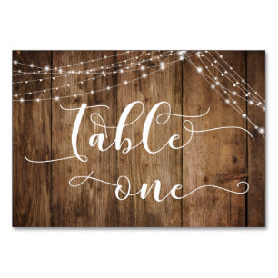 Rustic Brown Wood & Light Strings Table One Card