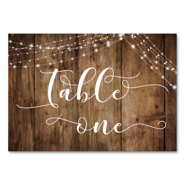 Rustic Brown Wood & Light Strings Table One Card (Front)