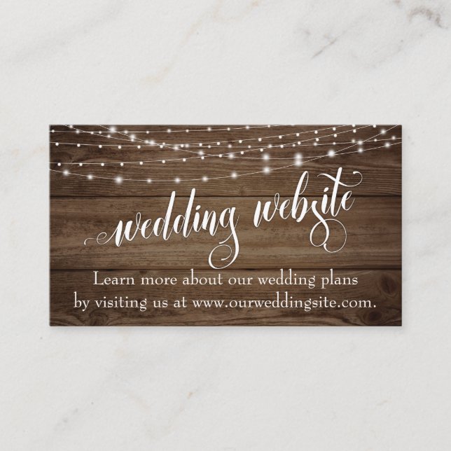 Rustic Brown Wood & Light Strings, Wedding Website Enclosure Card (Front)