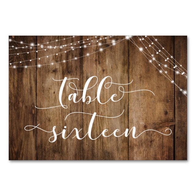Rustic Brown Wood & Lights Table Sixteen Card (Front)