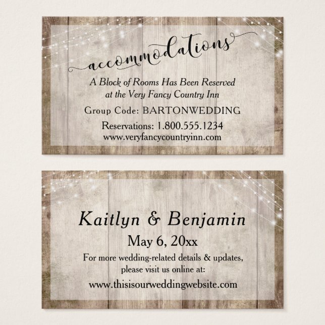 Rustic Brown Wood & Lights Wedding Accommodations (Front & Back)