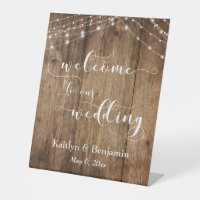 Rustic Brown Wood & Lights Wedding Welcome Sign