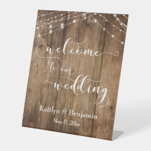Rustic Brown Wood & Lights Wedding Welcome Sign