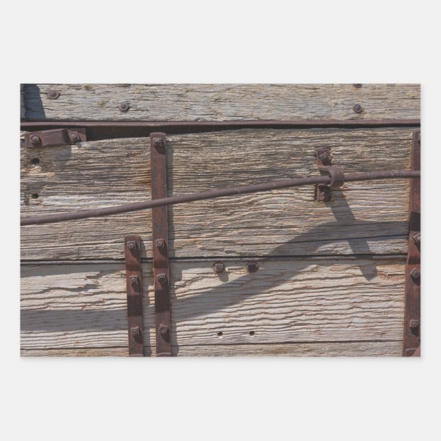 Rustic brown wood metal design wrapping paper sheet (Front)