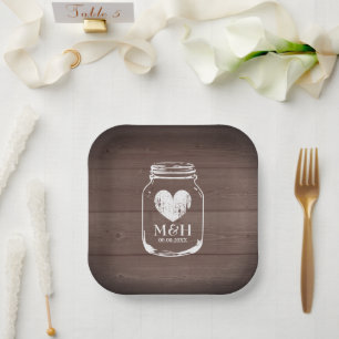 Rustic brown wood print square wedding party plate