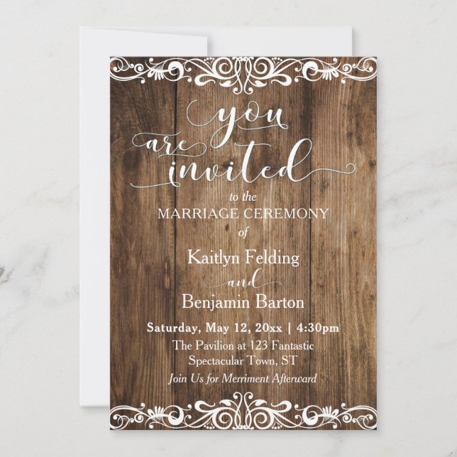 Rustic Brown Wood, Scrollwork, Typography Wedding Invitation (Front)