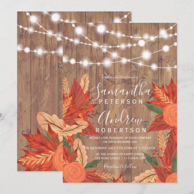 Rustic brown wood string lights orange wedding invitation (Front/Back)