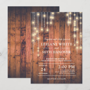 Rustic Brown Wood String Lights Wedding Invitation