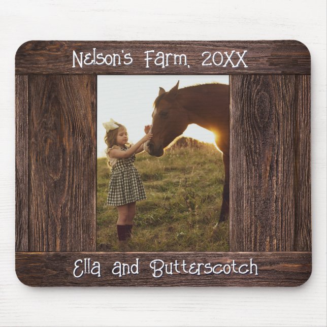 Rustic Brown Wood Text Editable Faux Photo Frame Mouse Pad (Front)