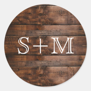 Rustic Brown Wood Texture Monogram Initials Classic Round Sticker