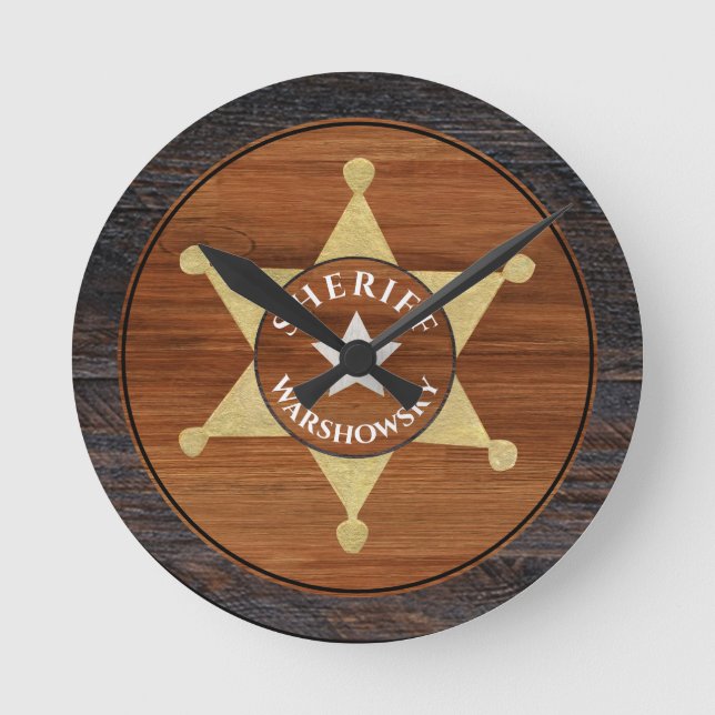 Rustic Brown Wood Tone Sheriff Badge Star  Round Clock (Front)