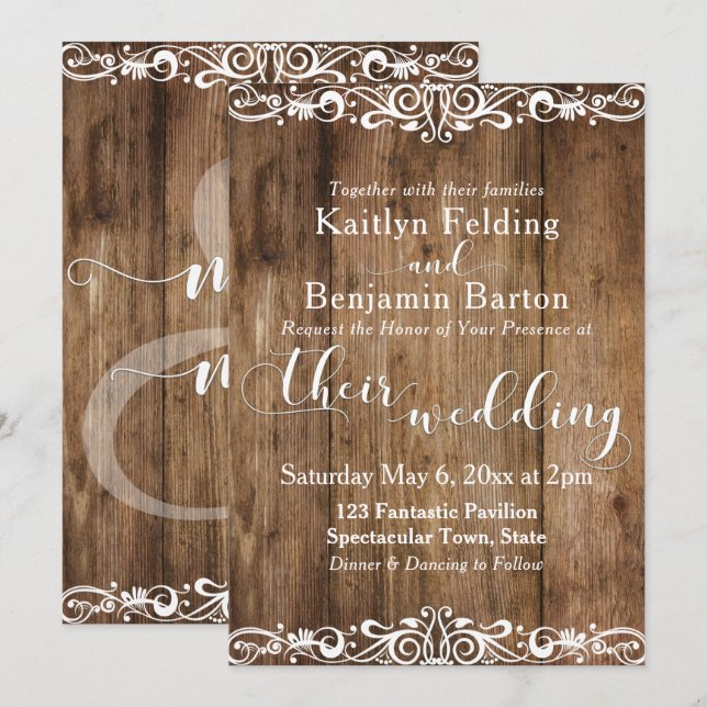Rustic Brown Wood w Lace-Like Scrollwork Wedding 2 Invitation (Front/Back)